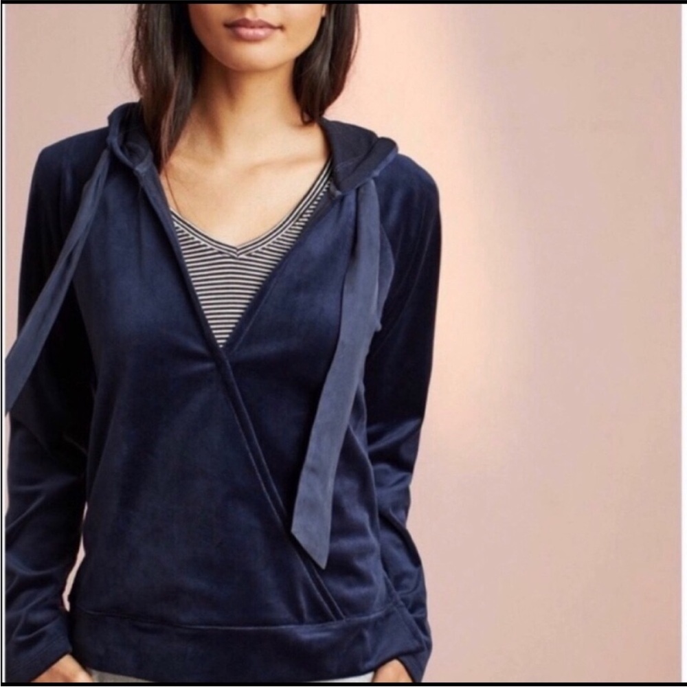 Anthropologie Saturday Sunday Top Velour Navy Blue Wrap Style Tie Hood Medium